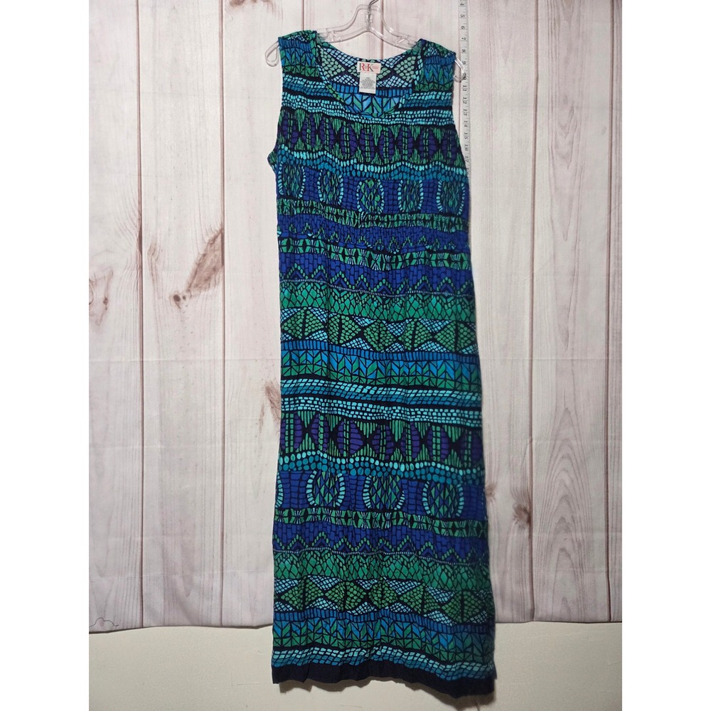 Ladies 16W R K Evening Maxi Dress Sleeveless Geometric Print Blue Green‎ Casual